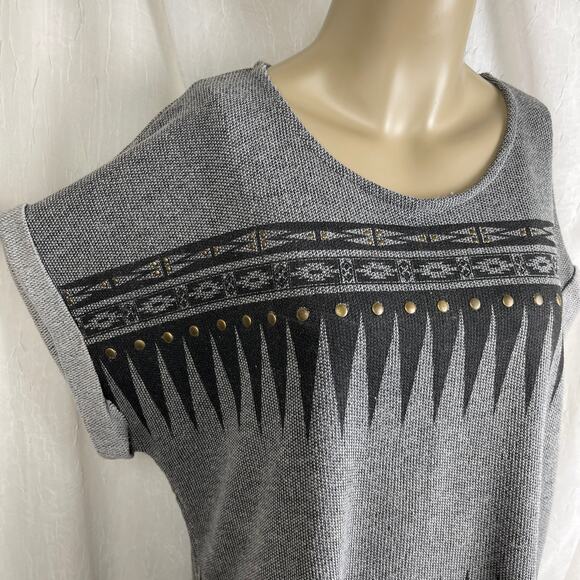 Forever 21 Grey Black Studded Short Sleeve Fringe Top Southwestern Oversized SM - Picture 5 of 16